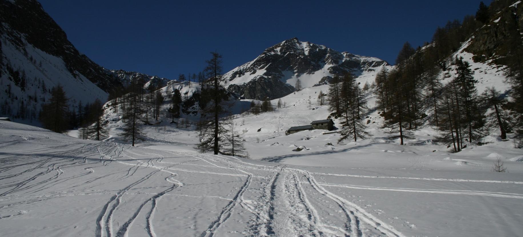 Tracce di scialpinisti nel Vallone di Nana, con la Becca di Nana sullo sfondo.
